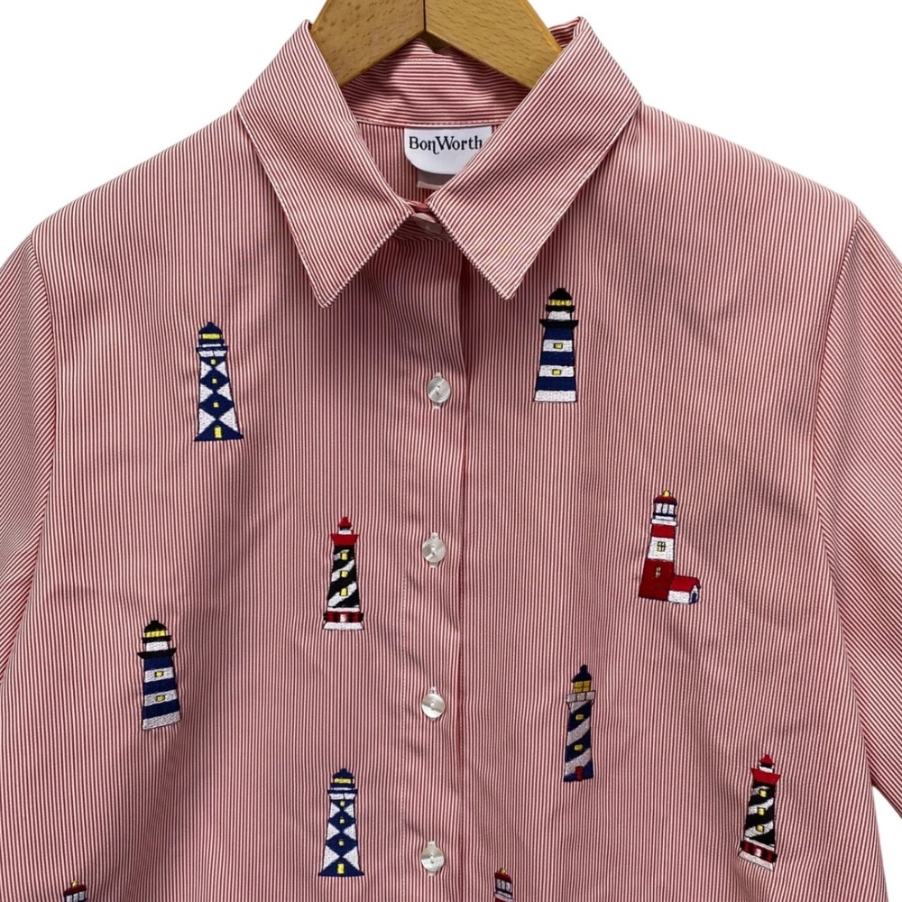 BonWorth Textured Lighthouse Embroidered Blouse Womens M Petite Striped Nautical